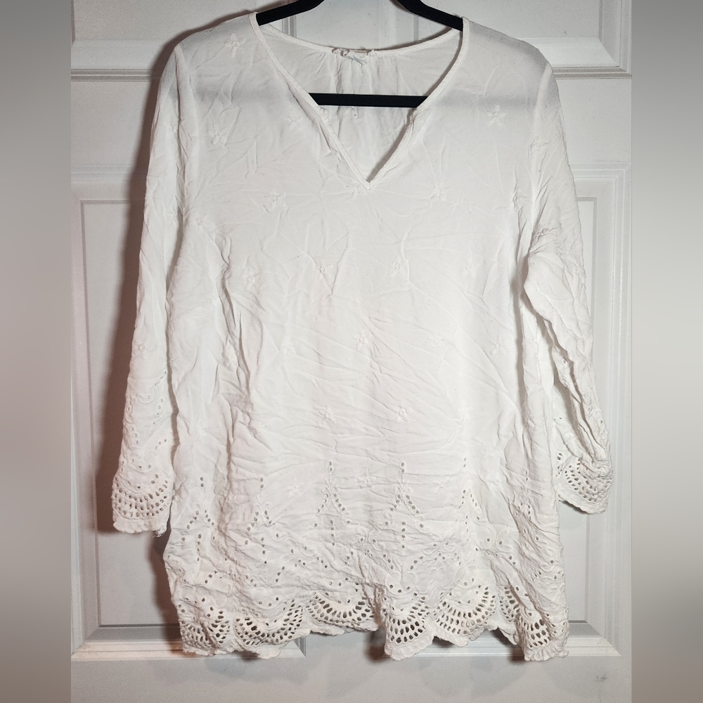 Cynthia Rowley White Floral Eyelet 3/4 Sleeve Blouse 2X